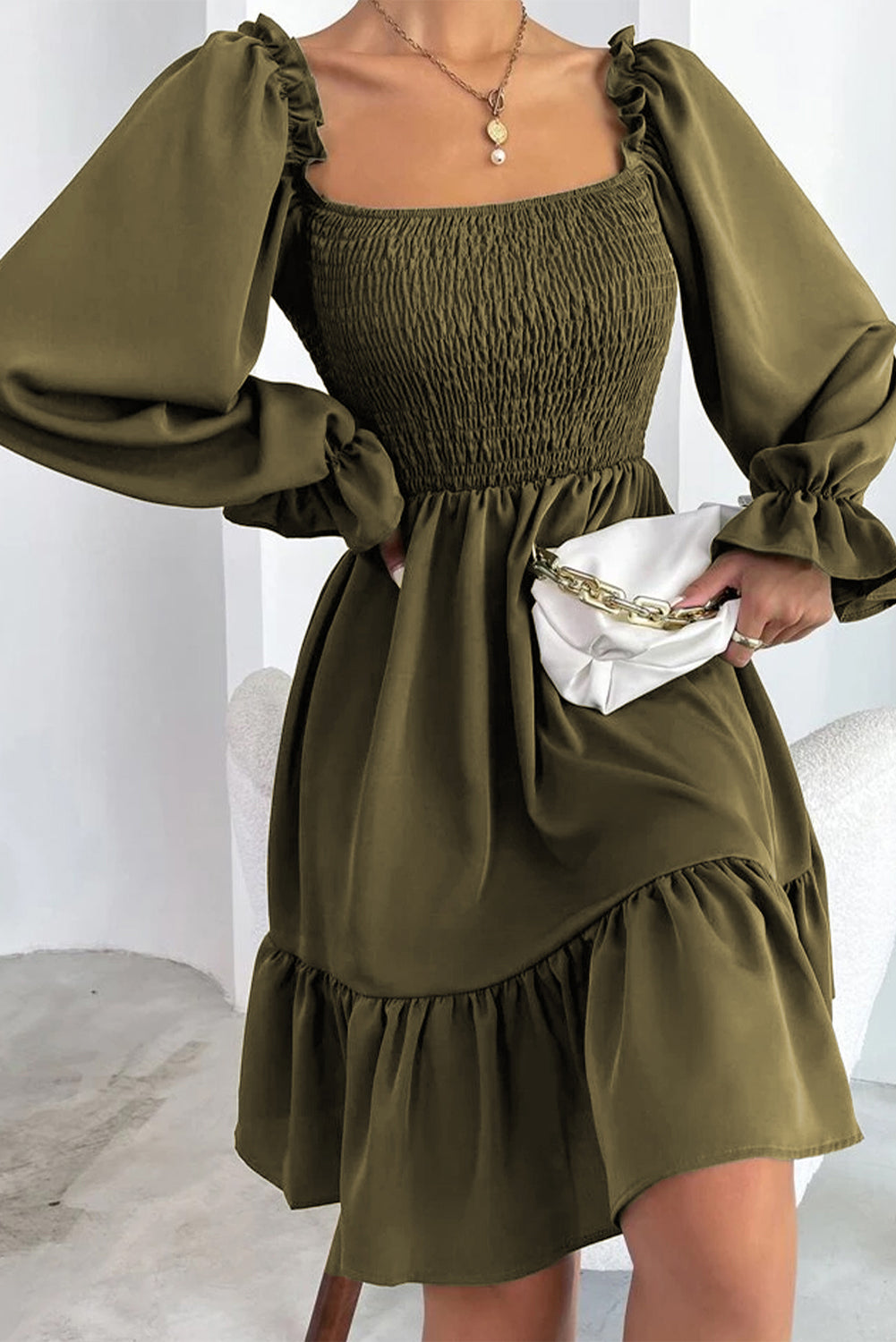 Olive Green Smocked Puff Sleeve Ruffle Long Sleeve Mini Dress