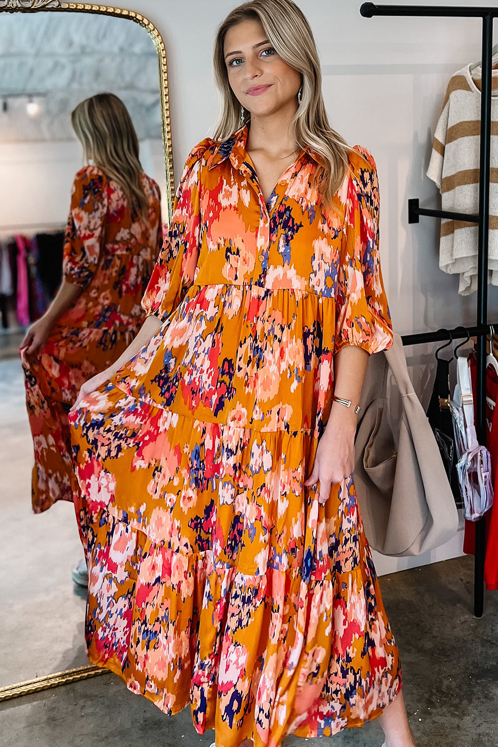 Orange Abstract Print Pleated Half Sleeve Buttoned Maxi Dress