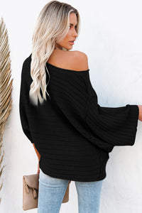 Black Exposed Seam Ribbed Knit Dolman Off The Shoulder Long Sleeve Top