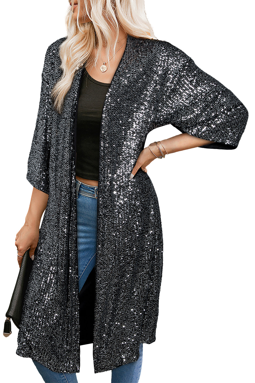 Long Cardigan Silvery Sequin Short Sleeve Kimono Womens Fashion