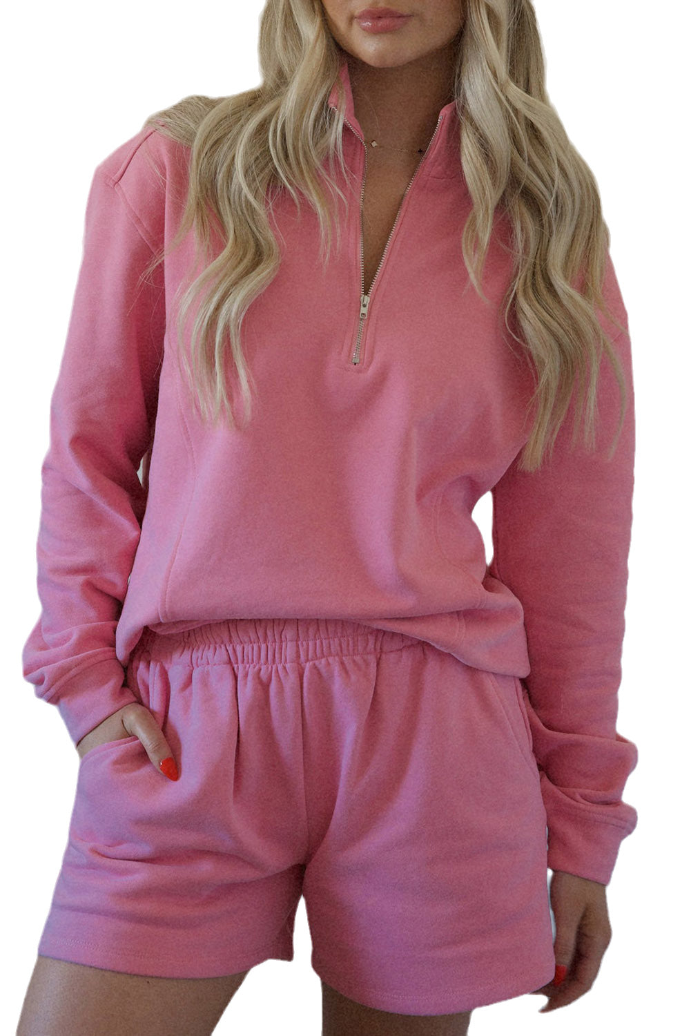 Bonbon Quarter Zip Long Sleeve Top and Shorts Outfit Activewear Sports and Loungewear sets