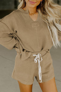 Khaki Exposed Seam Textured Long Sleeve Top Shorts Set