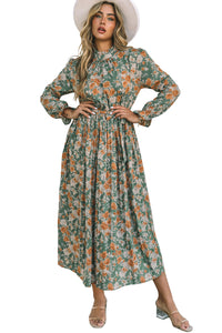 Floral Dress with Tie Waist Green Pleated Long Sleeve Maxi Ankle Length Casual Dresses