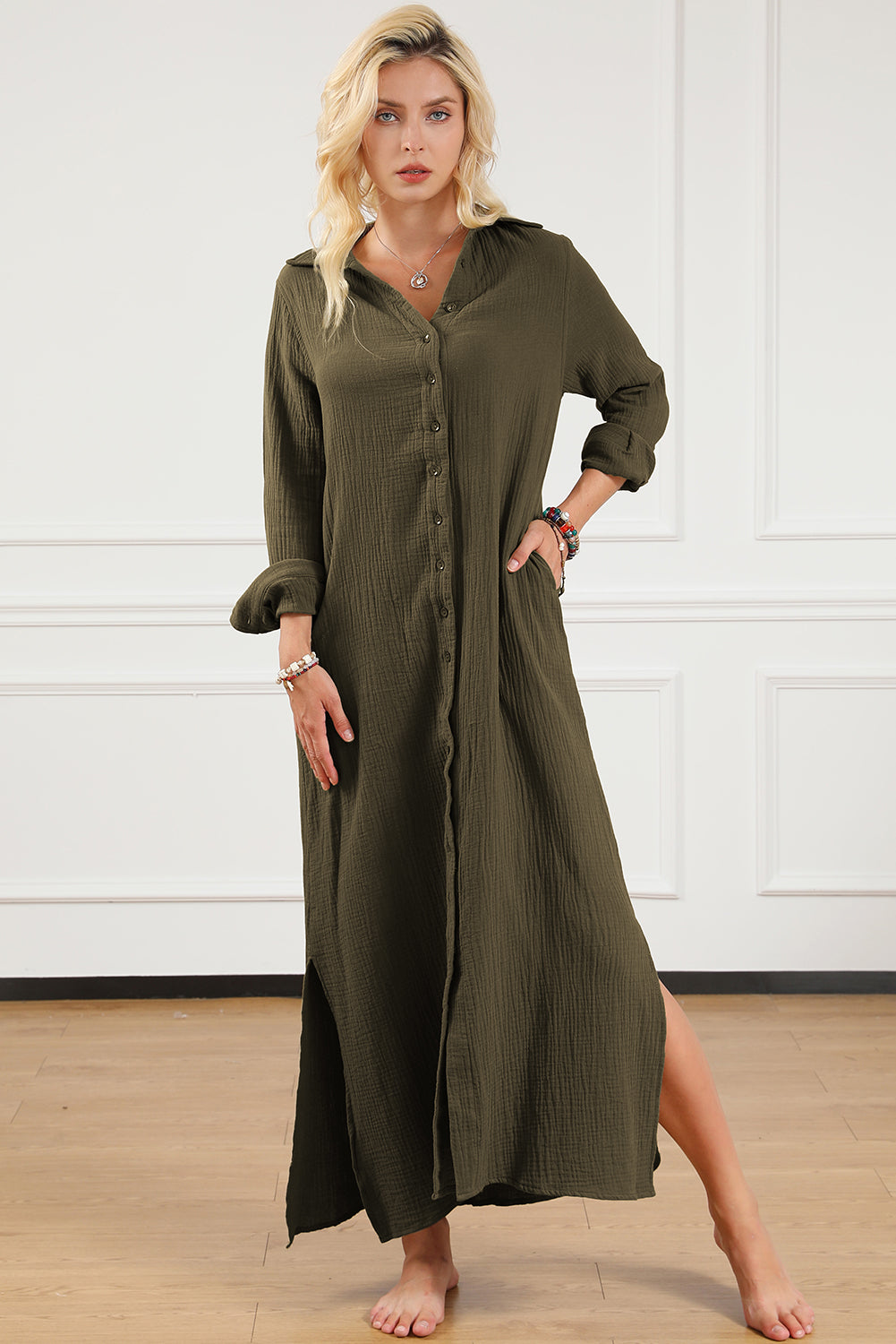 Women’s Fashion Dress Green Crinkle Button Up Casual Split Shirt Maxi Dress