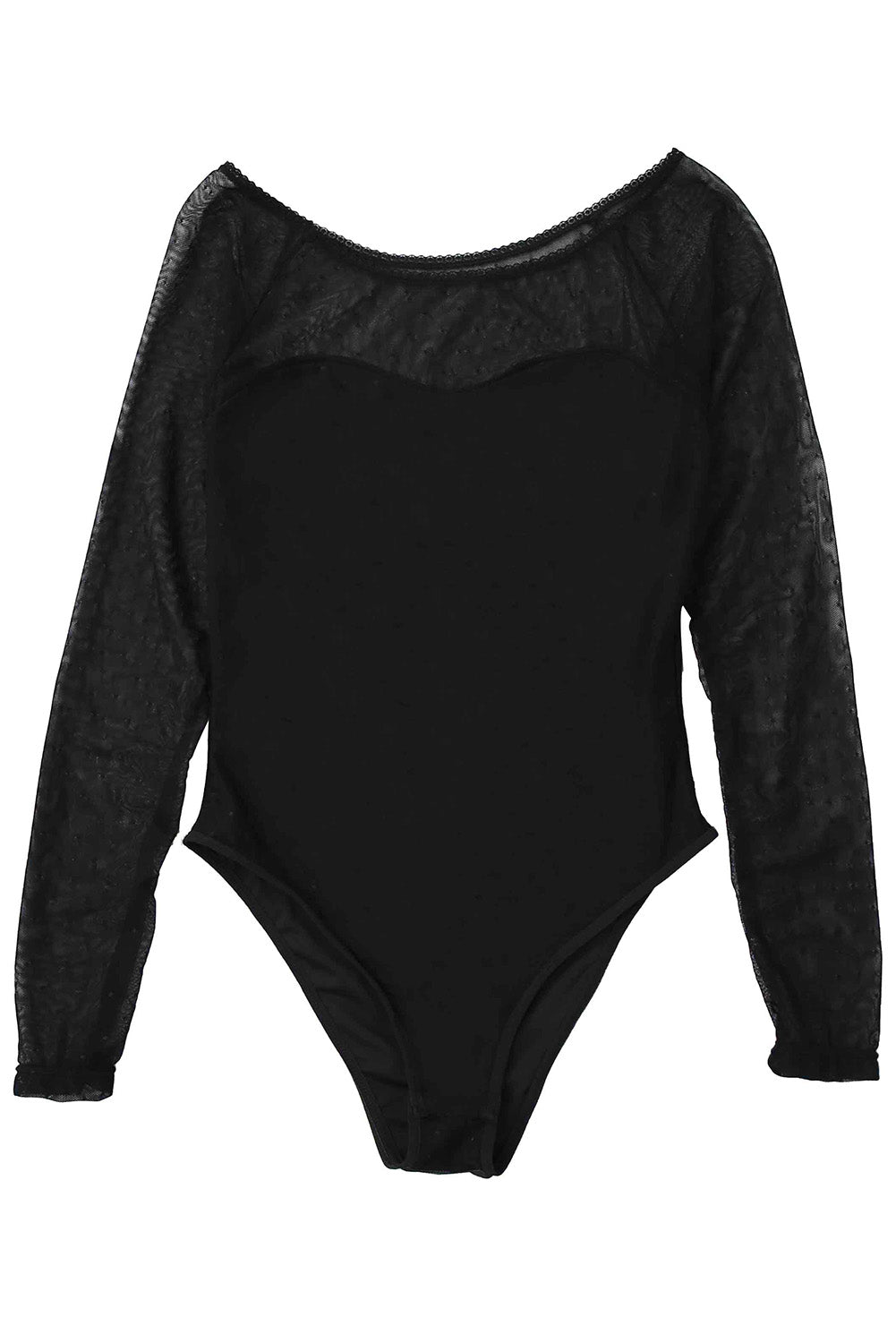 Fashion Bodysuit Shirt Black Dotty Mesh Overlay Long Sleeve Bodysuit Top