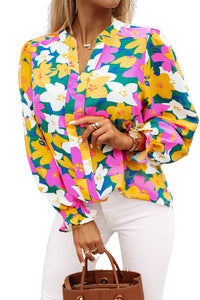 Multicolor Magenta Gold Floral V Neck Lantern Sleeve Blouse