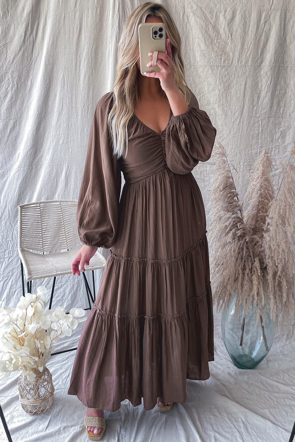 Brown V Neck Bowknot Cutout Frill Tiered Maxi Dress