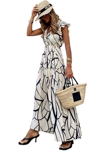 Womens Fashion Casual Long Dresses White Abstract Vein Print V Neck Ruffle Maxi Dress