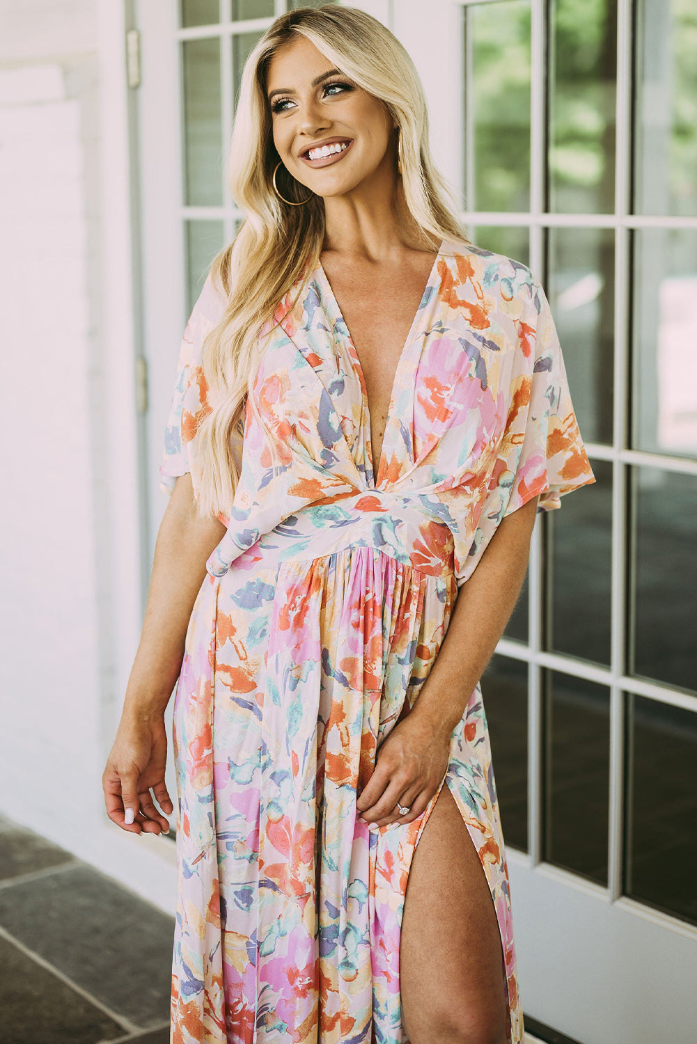 Women’s Long Beach Dress Boho Multicolor Tropical Floral Print Ruched V Neck Loose Sleeve Flowy Maxi Dress