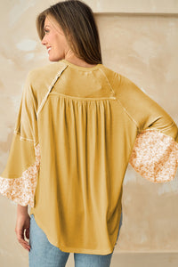 Yellow Long Sleeve Shirt Casual Women's Beige Floral Colorblock Balloon Sleeve Exposed Seam Top KESLEY