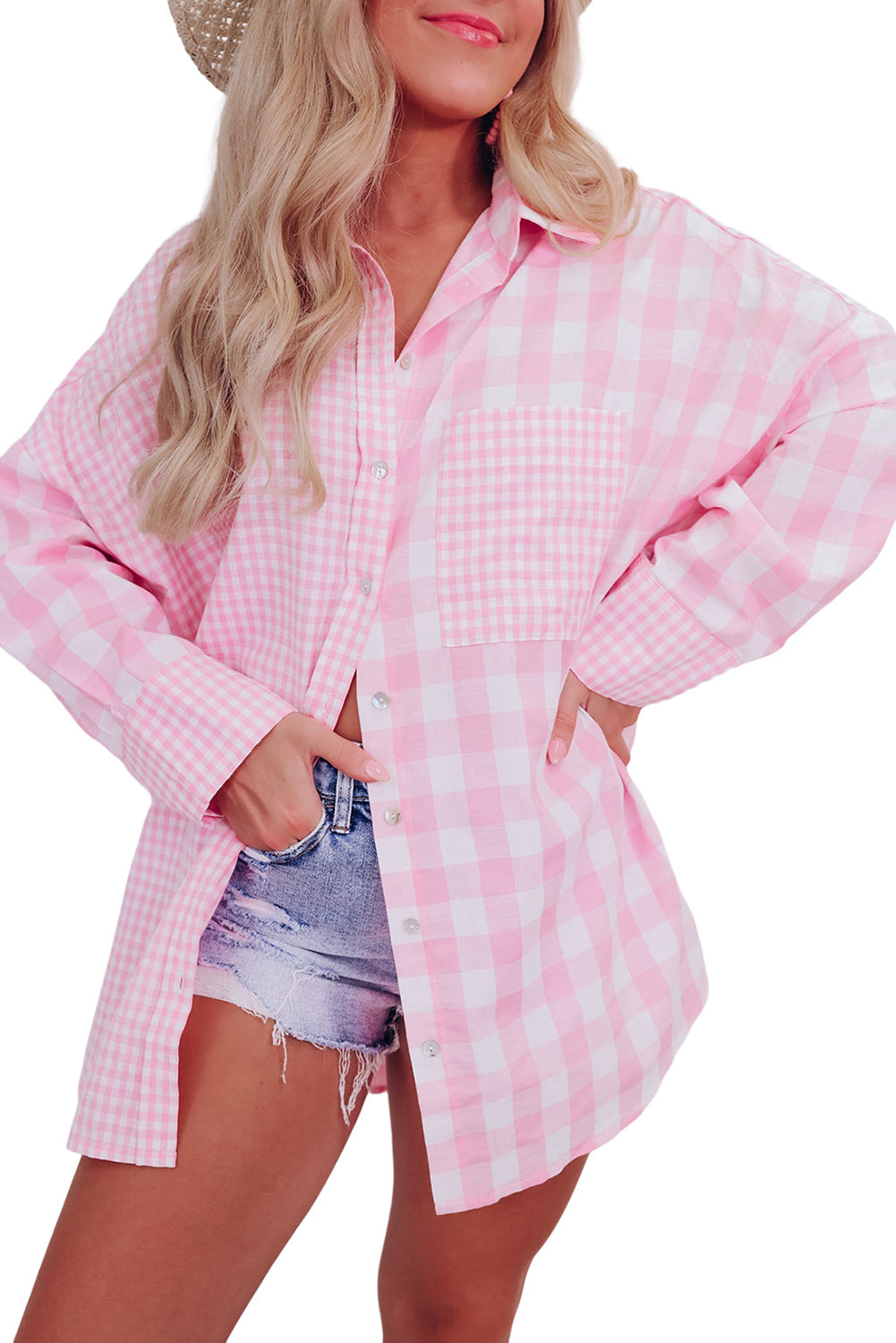 Women's Fashion Top Pink Mix Checked Patchwork Long Sleeve Shirt