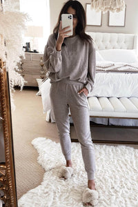 Gray Long Puff Sleeve Top Pocketed Casual Two Piece Set