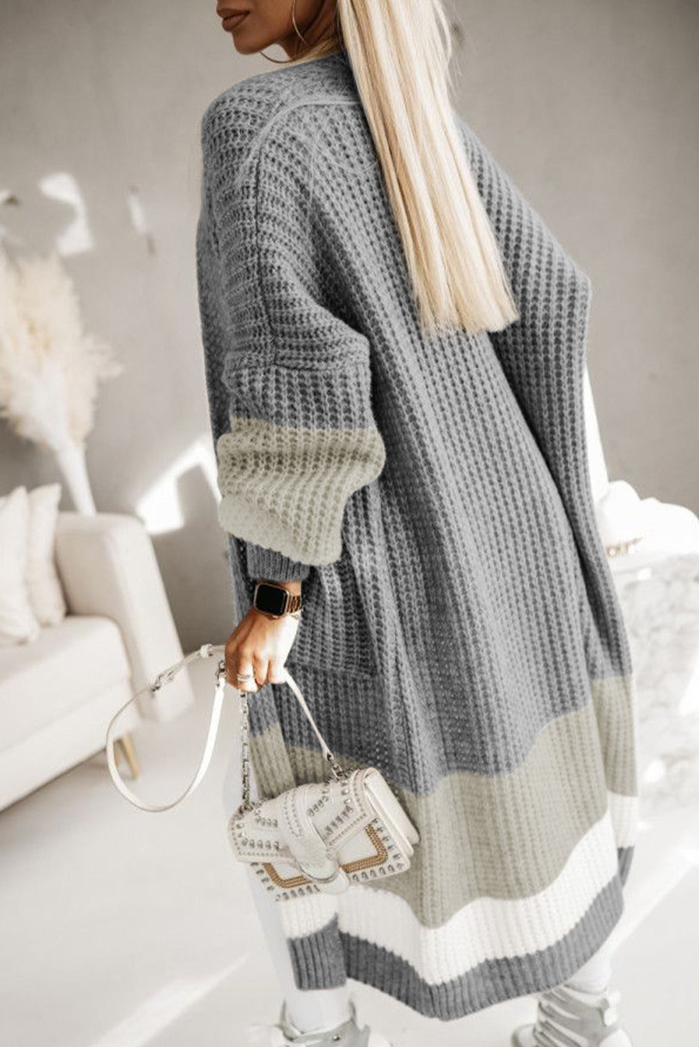 Fashion Open Sweater Gray Colorblock Cable Knit Side Pockets Duster Long Cardigan