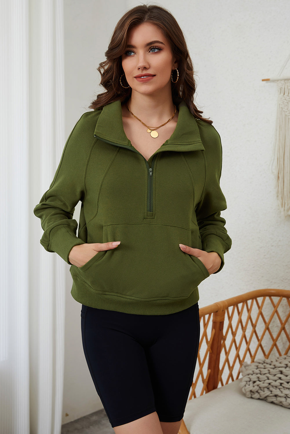 Green Zip Up Stand Collar Ribbed Thumbhole Sleeve Sweatshirt