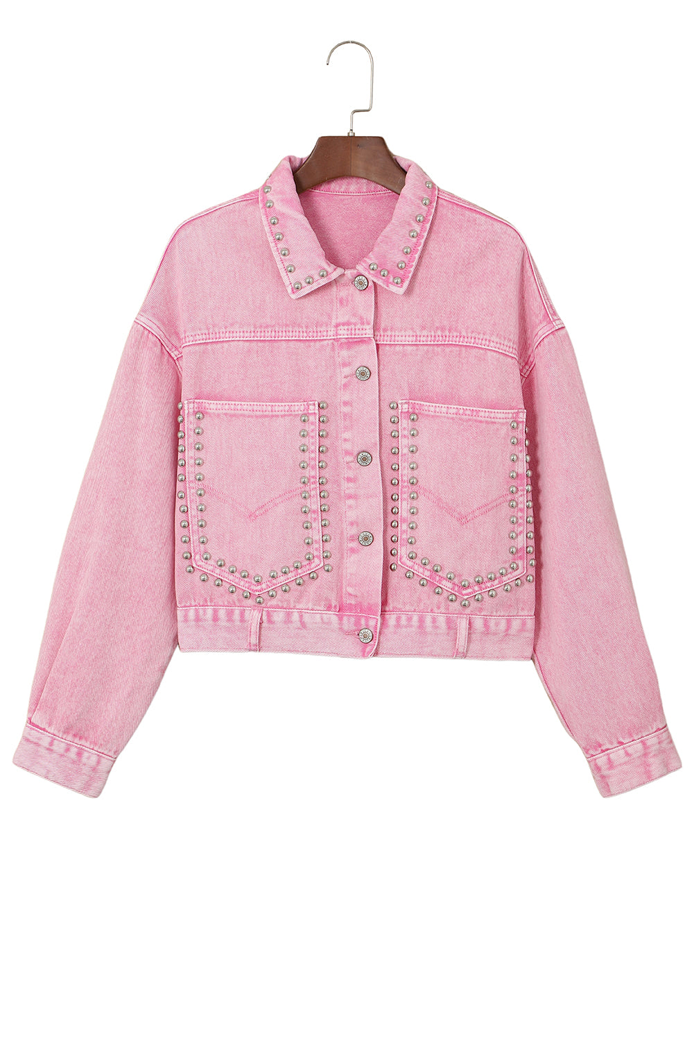 Pink Denim Jacket 100% Cotton Premium Luxury Fashion Women’s Rivet Studded Pocketed Light Pink Denim Jacket