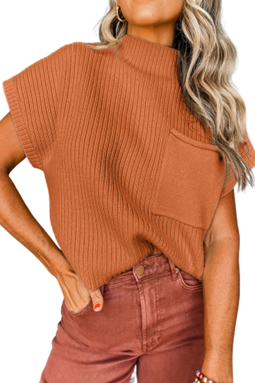 Women’s Golden Brown Sweater Top Patch Pocket Ribbed Knit Short Sleeve Sweater