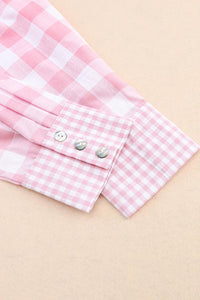 Women's Fashion Top Pink Mix Checked Patchwork Long Sleeve Shirt