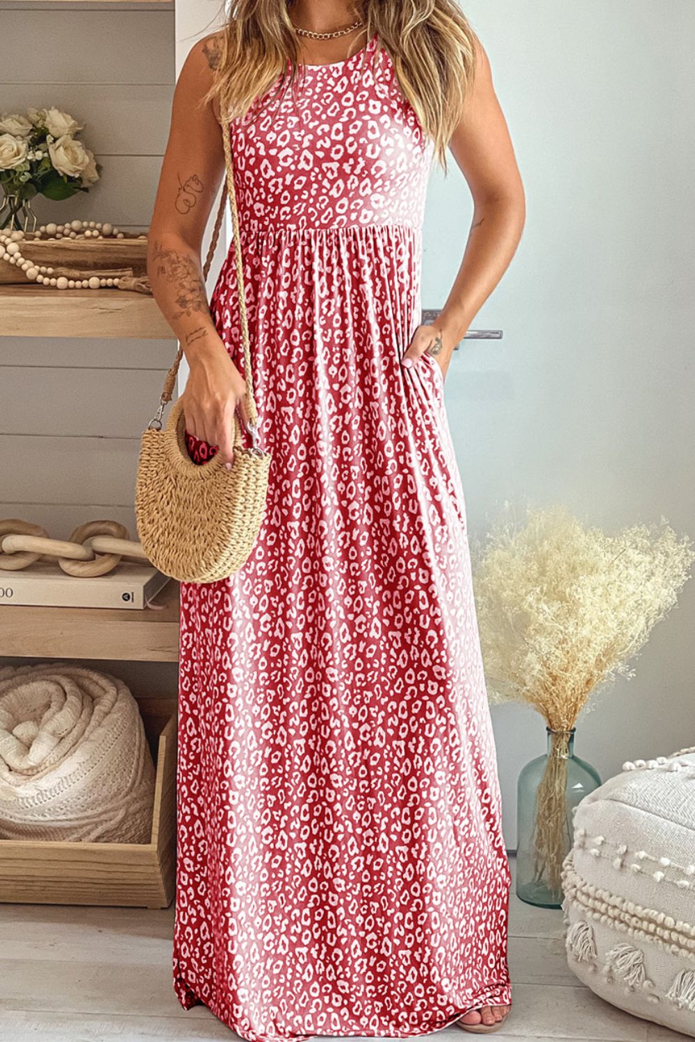 Leopard Round Neck Sleeveless Casual Maxi Dress