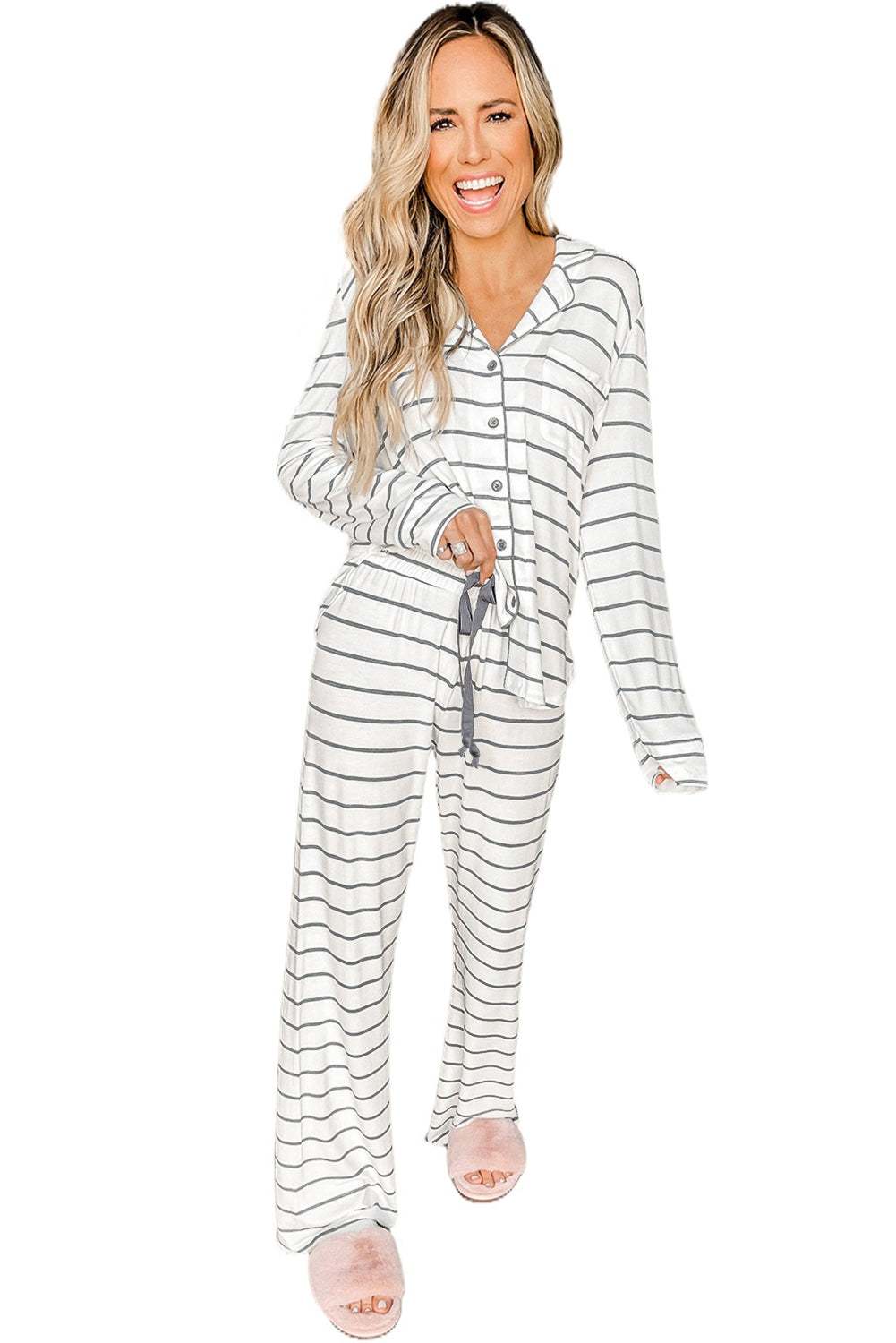 Striped Pajamas Set Long Sleeve and Pants Loungewear Womens Fashion