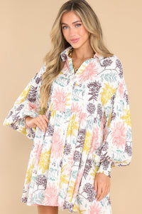 White Floral Collared Neck Button Down Bubble Sleeve Floral Flowy Shirt Dress