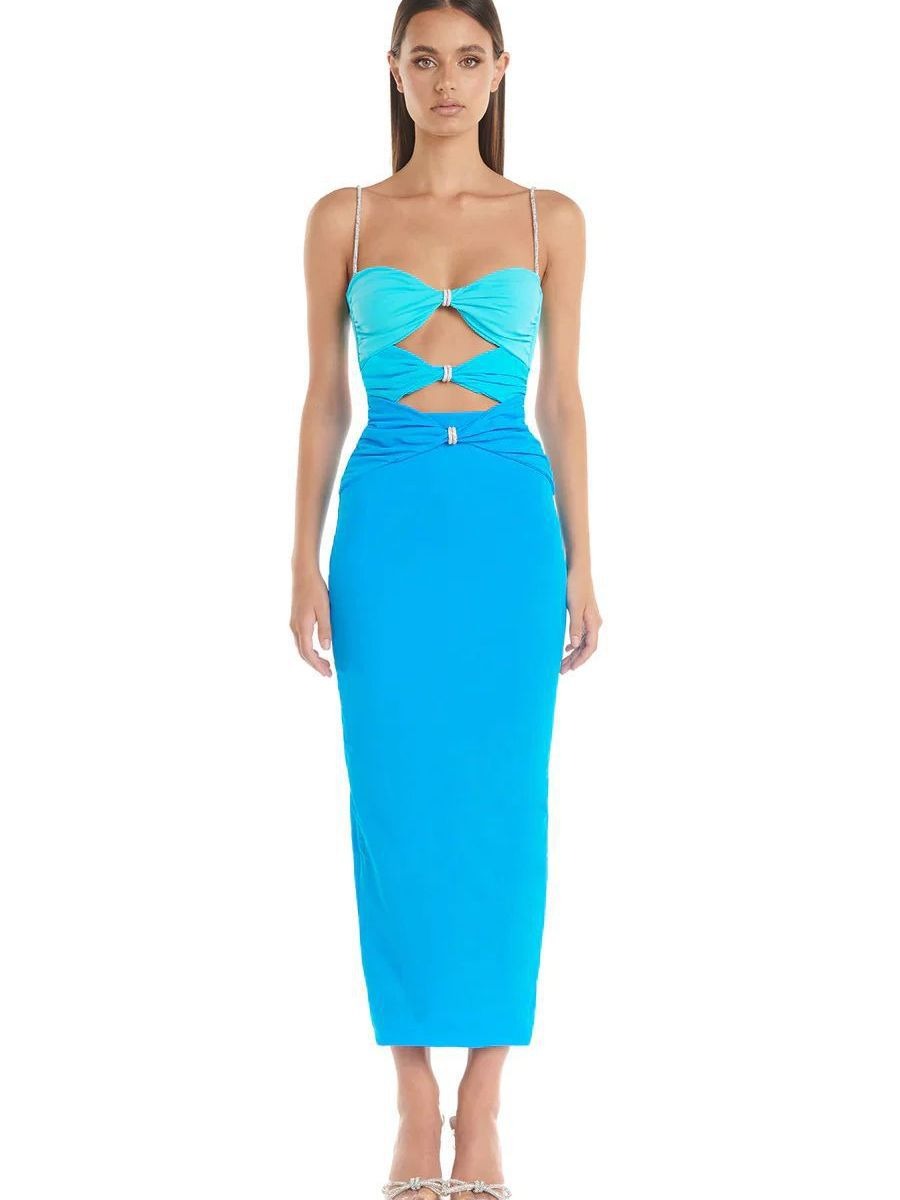 Sexy Solid Color Hanging Straps Show Thin Off Back Tight Hollow out Pleated Casual Bandage Long Dress