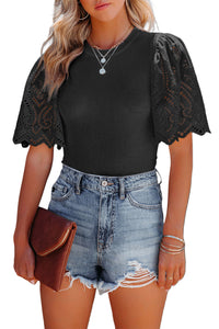 Black Shirt Scalloped Lace Sleeve Ribbed Knit Top, Womens Short Sleeve Basic Black Blouse