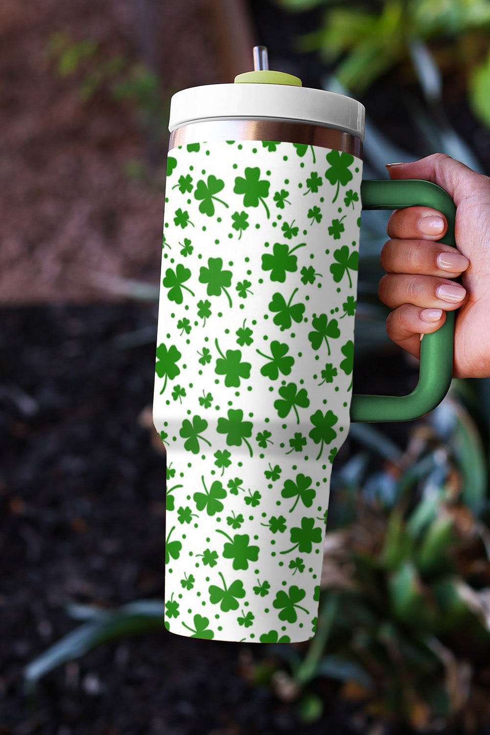 Dark Green Clover Print Thermos Cup with Handle 40oz St Patrick's Day Gifts Clover Design