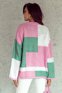 Pink Colorblock Drop Shoulder Bell Sleeve Sweater