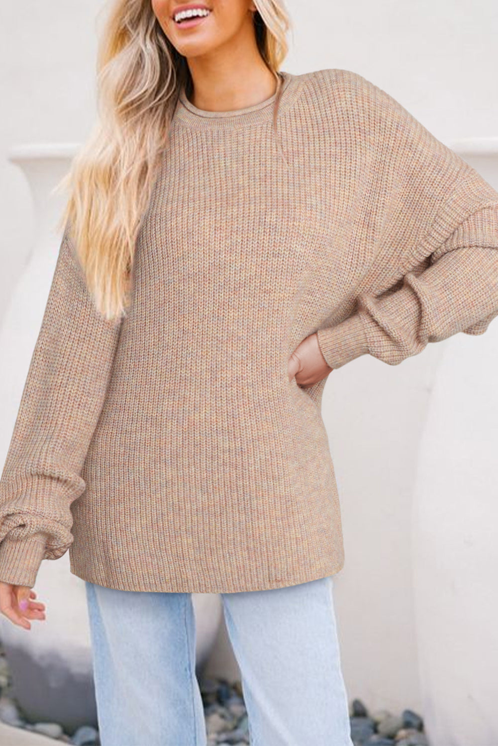 Multicolor Rolled Round Neck Drop Shoulder Sweater