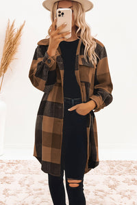 Chestnut Plaid Button-Down Flap Pocket Long Shacket & Button Down Shirt