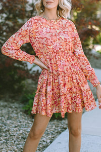 Printed Floral Long Sleeve Frill Tiered Mini Short Dress