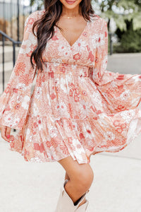 Women’s Casual Floral Print Smocked High Waist Bell Sleeve Mini Short Dress