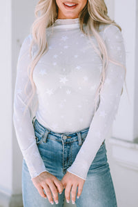 White Star Embellished Sheer Mesh Long Sleeve Top