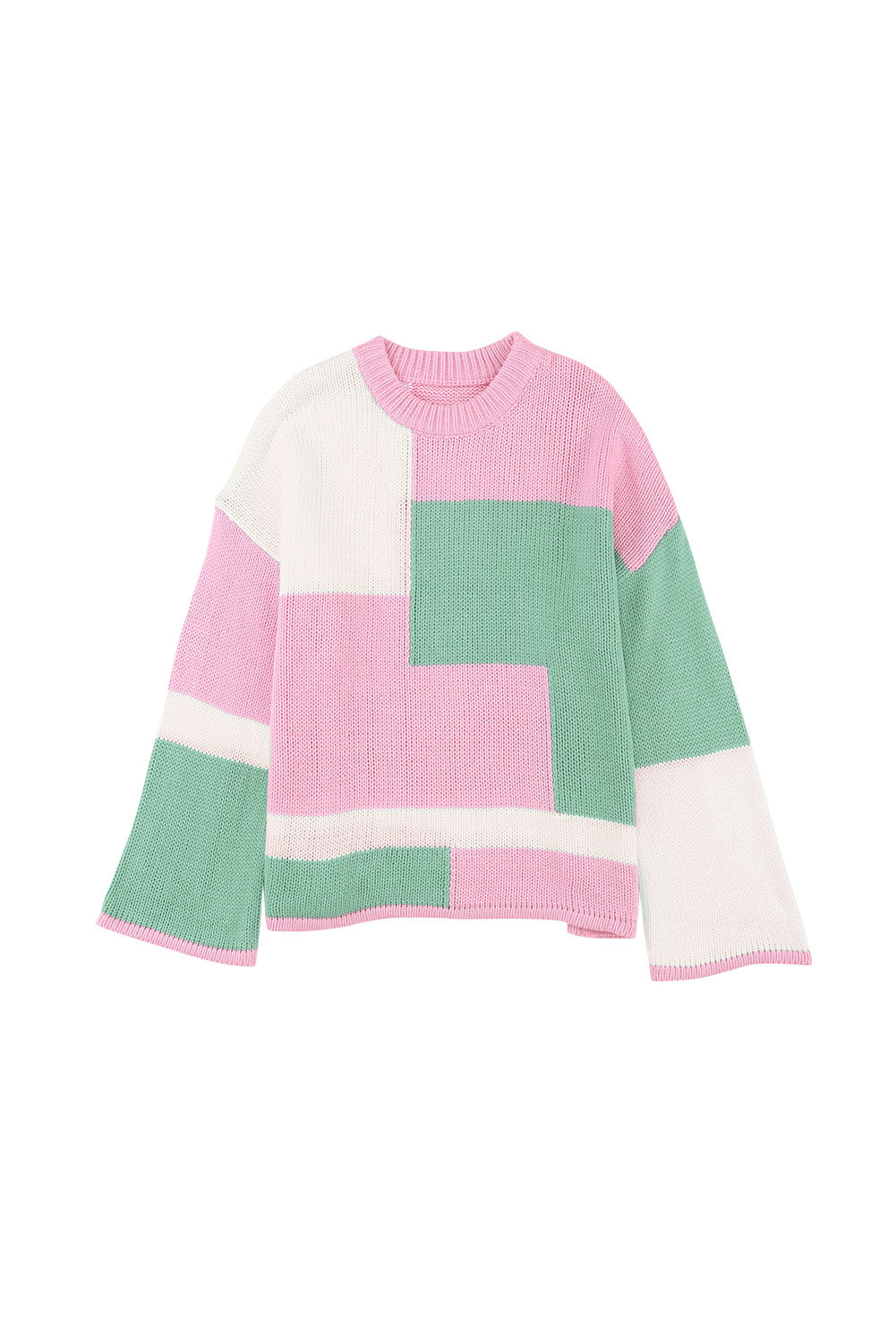 Pink Colorblock Drop Shoulder Bell Sleeve Sweater