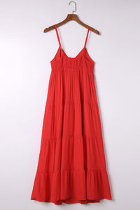 Women’s Red Dress O-ring Top Smocked Back Spaghetti Straps Ruffle Tiered Maxi Dress