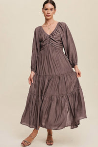 Brown V Neck Bowknot Cutout Frill Tiered Maxi Dress