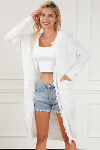 Womens Open Sweater White Fringed Open Front Pocketed Long Cardigan