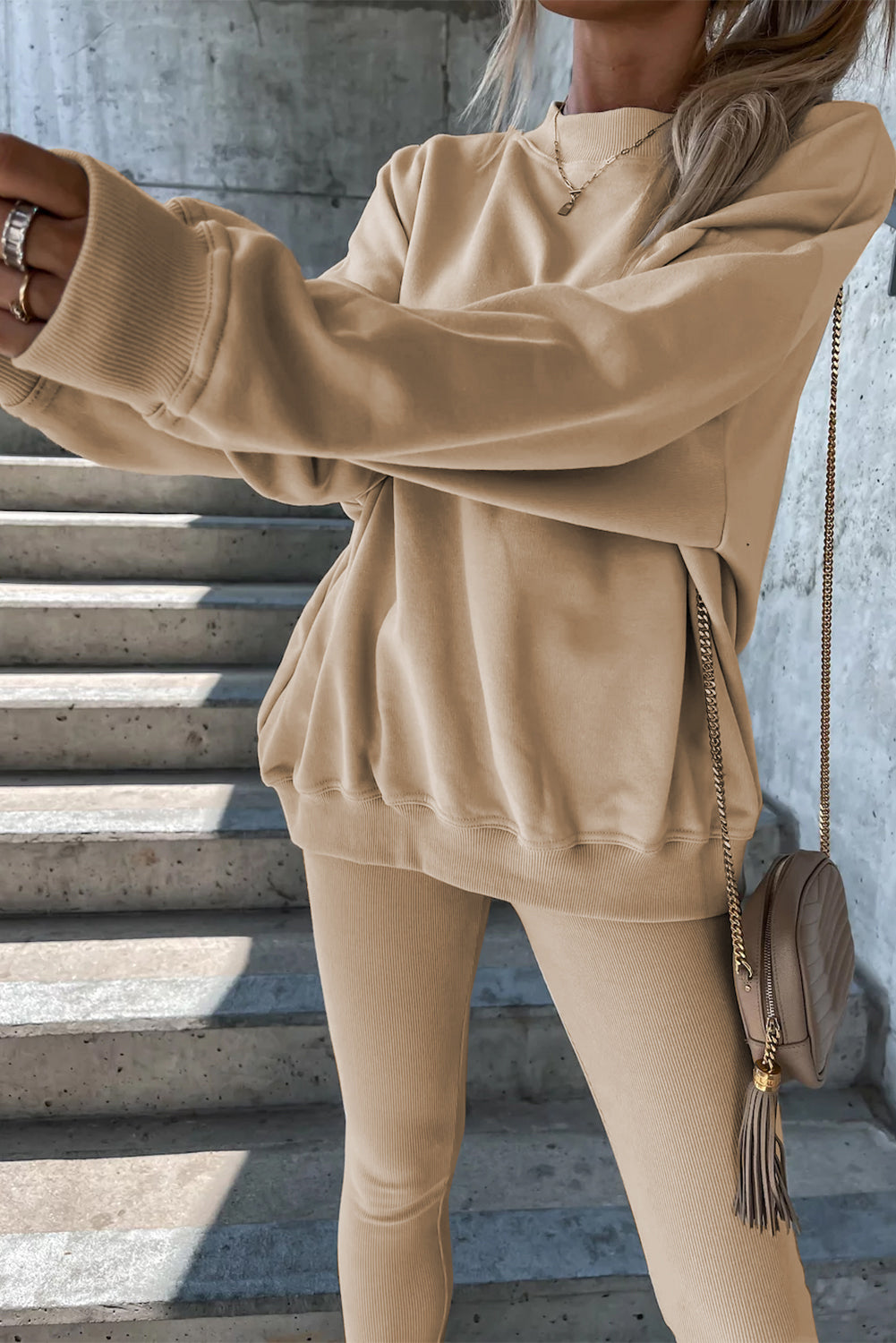 Beige Solid Sweatshirt and Leggings and Fashion Sweater Two Piece Set