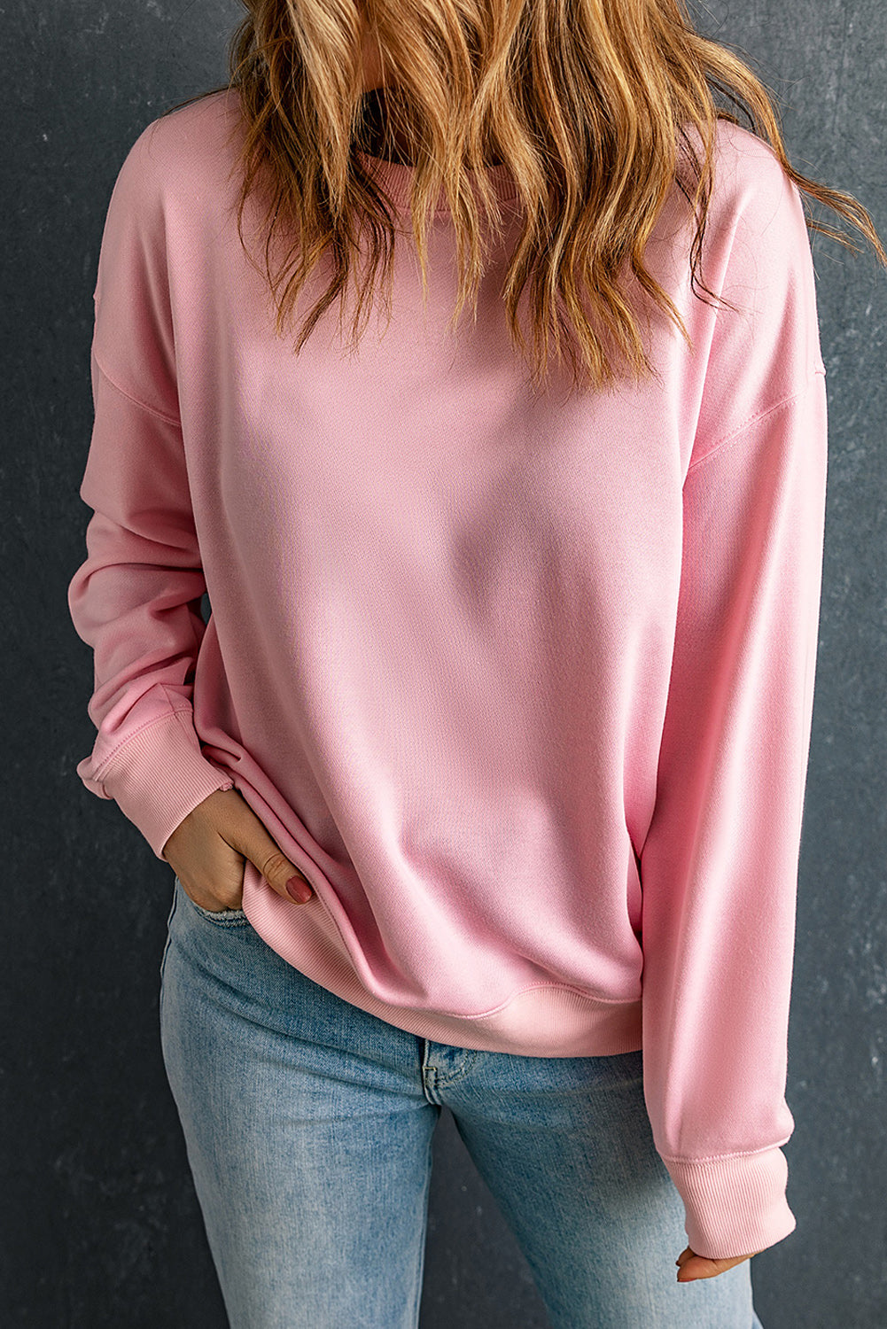 Pink Solid Classic Crewneck Pullover Sweatshirt Ladies fashion Sweaters