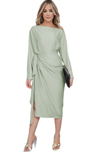 Green Satin Wrap Tie Side Boat Neck Long Sleeve Dress