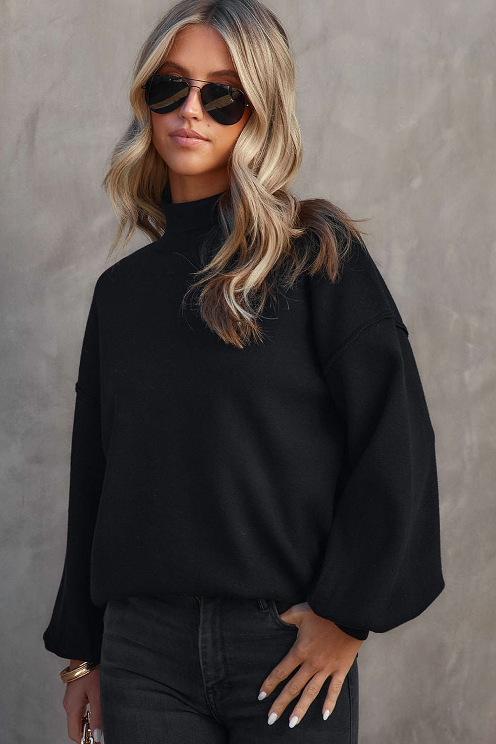 Black Turtleneck Drop Shoulder Bubble Sleeve Knit Sweater