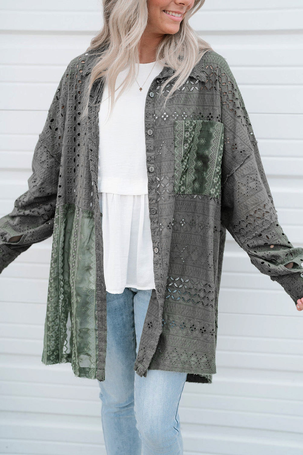 Women's Oversized Button Up Long Shirt Duffel Green Eyelet Pattern Patchwork  Shacket