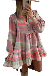 Women’s Short Ruffle Dress Multicolour Boho Print Puff Sleeve Buttoned Babydoll Dress