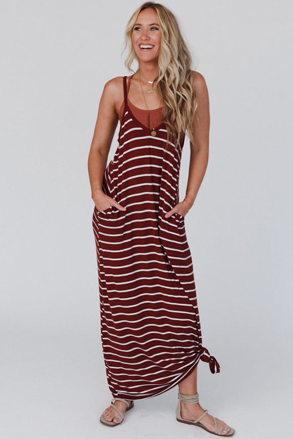 Red Stripe Side Pockets Spaghetti Straps Maxi Dress