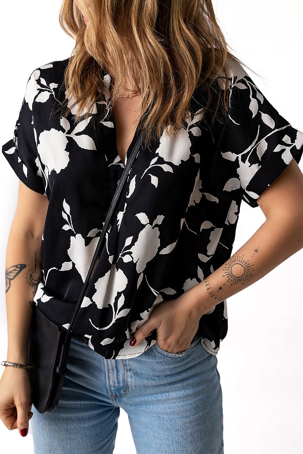 Black Floral Printed Short Sleeve Blouse Womens Casual Shirt Top