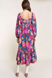 Multicolour Casual Maxi Dress Floral Print Square Neck Ruffled High Waist Long Loose Fit Dress