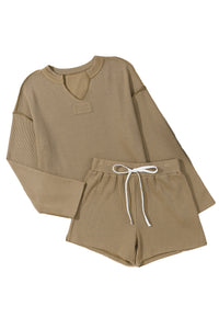 Khaki Exposed Seam Textured Long Sleeve Top Shorts Set