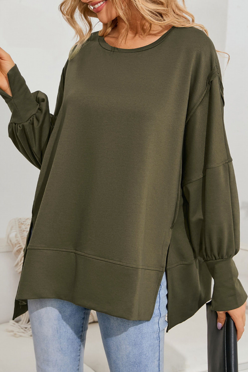 Olive Green Patchwork Drop Shoulder Oversized Top Sweater