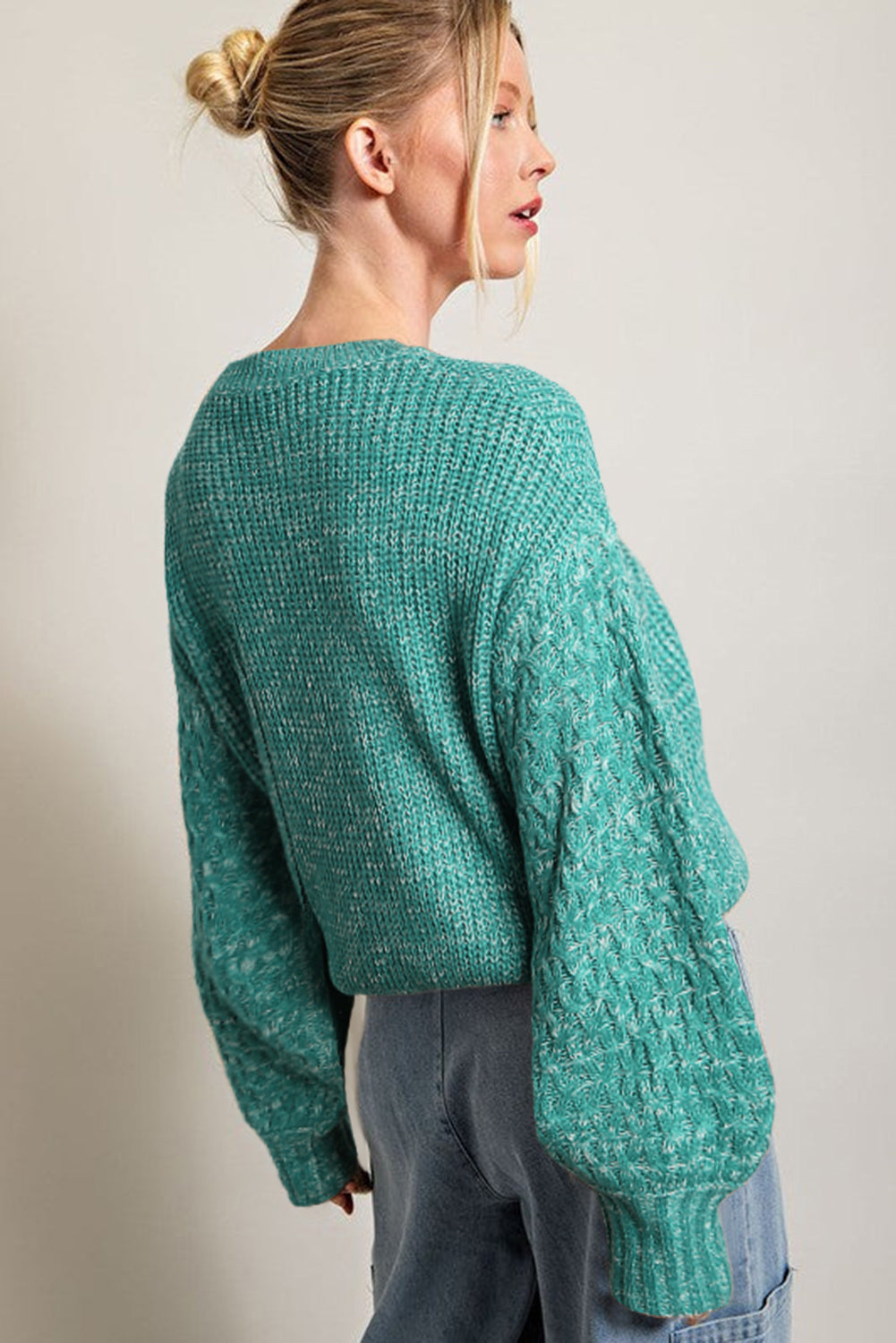 Women’s Sweatshirt Sea Green Cable Knit Sleeve Drop Shoulder Long Sleeve Fashion Sweater