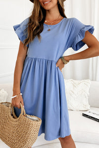 Sky Blue Round Neck Ruffle Sleeve Loose Dress